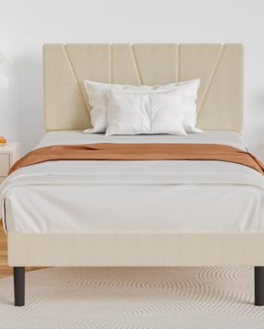 Flolinda Twin Size Bed Frame Upholstered Platform with Adjustable Headboard and Strong Wooden Slats, No Box Spring Needed, Easy Assembly,Beige