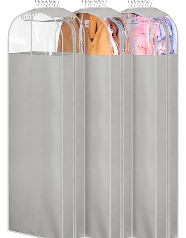 MISSLO 10" Gusseted Garment Bags for Hanging Clothes Storage 60" Dress Bags for Gowns Long Breathable Dress Cover for Closet Storage Coat Protector, 3 Packs, Grey