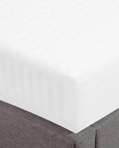 Feather & Stitch 1 Piece Fitted Sheet Full Size, 100% Cotton Damask Sateen Weave, Striped Breathable, Stretchable Elastic Sheet for Mattress 18'' Deep Pocket, 500TC Premium Ultra Soft (Stripe White)