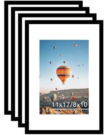 JCJMY 11x17 Picture Frame Set of 4 Black with 8x10 Mat, Display Photo 8x10 with Mat or 11 x 17 Without Mat, Wall Hanging Large 11x17 Poster Frame with Shatter Resistant Plexiglass, 4 Pack, Black
