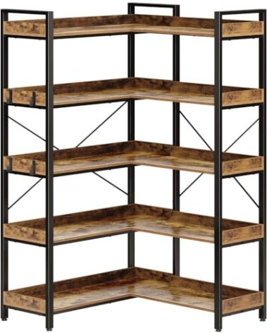 Rolanstar Bookshelf 5 Tier with 4 Hooks, Reversible Corner Bookshelf, 65" Industrial Wooden Bookcase with Open Shelves and Metal Frame for Living Room, Bedroom, Home Office, Rustic Brown