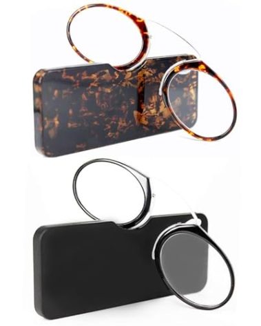 REAVEE 2 Pack Pinch Nose Clip on Reading Glasses Armless for Men Women, No Temple Slim Compact Readers Ultra Thin with Mini Portable Case, Black and Tortoise +1.5