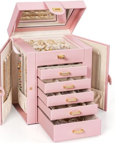 AKOZLIN Large Jewelry Box Organizer Functional with Big Mirror, Leather Jewelry Storage Case for Women Girls Ring Necklace Earring Bracelet Holder Organizer