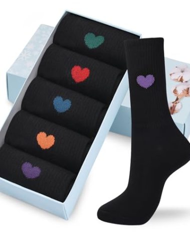 Corlap Women's Cute Cotton Crew Athletic Running Socks - Ankle High, Novelty Fun Heart Design 5-Pairs (Gift Box)