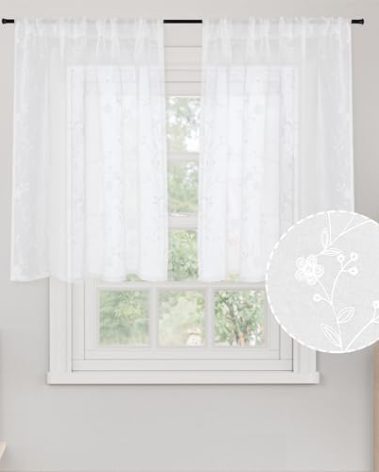 YoungsTex 36 Inch Length Lace Sheer Curtains for Kitchen Cafe Window, Short White Drapes with Embroidered Floral Rod Pocket Lightweight Boho for Bathroom, 2 Panels, 42 X 36 Inch