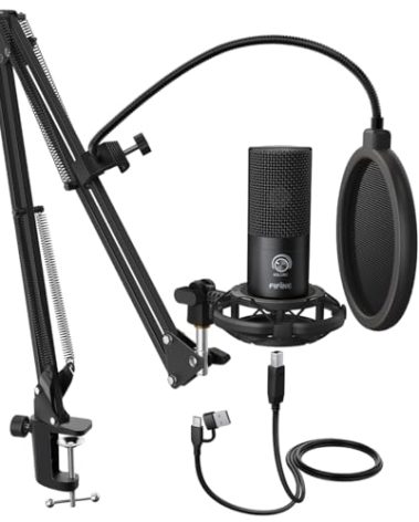 FIFINE Studio Condenser USB Microphone Computer PC Microphone Kit with Adjustable Boom Arm Stand Shock Mount for Instruments Voice Overs Recording Podcasting YouTube Vocal Gaming Streaming-T669