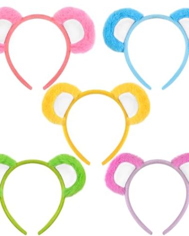 5 Pcs Bear Ears Headbands Colorful Fluffy Animal Hairband for Birthday Party Favors Supplies Halloween Cosplay Accessories