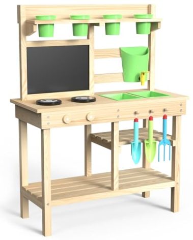 Cedar Wood Outdoor Play Kitchen for Kids, Mud Kitchen with Water Faucet, Dual-Sided Chalkboard, Storage Shelves, Cups, Removable Sink, and Pretend Stove – Backyard Toddler Playset for Boys and Girls