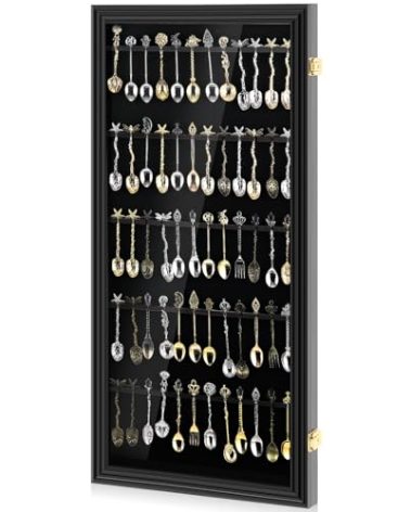 Silipull 60 Souvenir Tea Spoon Display Case Wall Mount Wooden Case Cabinet W/98% UV Acrylic Door Lockable Storage Display Box for Teaspoon Collection(Black)