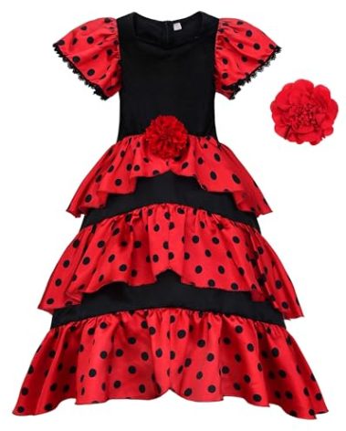 ReliBeauty Girls Flamenco Costume Spanish Dancer Skirt Kids Halloween Fancy Dress with Red Flower, 8-9/140