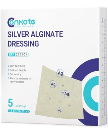 Conkote Silver Alginate Wound Dressing Pads 4” x 4”, 5 Pack, Non-Stick Padding Ag Patches, Highly Absorbent for Pressure Ulcer, Bed Sore and Diabetic Foot Ulcer