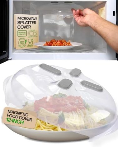HOVER COVER Magnetic Splatter Cover, 12-Inch Clear BPA-Free Food Lid, Vented Plate Guard with Steam Vents, Anti-Splash Microwave Lid - Heather Gray