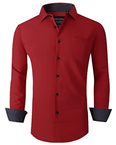 Alex Vando Dress Shirts for Men Long Sleeve 4-Way Stretch Wrinkle Free Button Down Performance Mens Shirt,Red,4XL