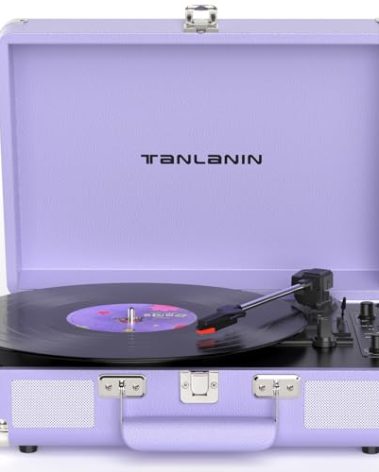Bluetooth Vinyl Record Player with Built-in Speakers, USB Recording to MP3, 3-Speed Belt-Driven Turntable, Portable Suitcase Design, Purple PU Leather, Vintage Gift for Beginners