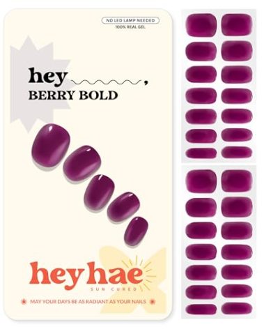 Heyhae Semi Cured Gel Nail Strips | No LED Lamp Needed | Fall, Jelly, Purple | Easy Apply & Remove, Salon Quality | Includes 28 Strips, 1 Prep Pads, Nail File & Wooden stick - Hey, Berry Bold