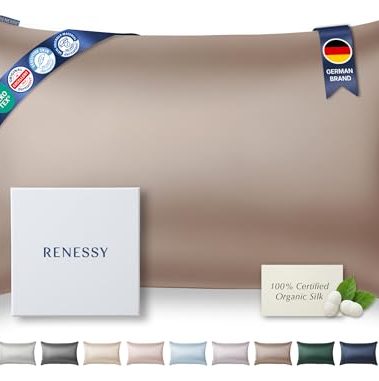 RENESSY Premium Silk Pillowcase 100% Organic Mulberry Silk, 22 Momme, Grade 6A - Oeko-Tex Certified in Germany - Luxury for Hair & Skin, 1 Piece (Standard Size 20x26 Inches, Warm Taupe)