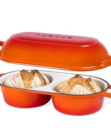 Dutch Oven For Sourdough Bread Baking – Enamelled Cast Iron Bread Loaf Pot – 500°F Oven Safe Non Stick Bread Pot – Double Round Loaf Space, 16.5cm Diameter, Orange, – by Nuovva