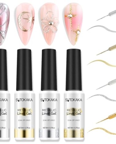 SUTOKAKA Nail Art Liner Gel Polish Set, 4pcs Metallic Silver Bronze Gold Glitter Reflective Colors Painted Drawing Stripper Gel Nail Polish Soak off Curing Requires with Thin Nail Art Brush