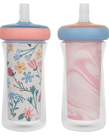 The First Years Insulated Straw Cups for Toddlers 2pk – Ladybug & Marbled – Pink & Blue