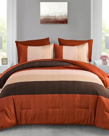 Anibedding Terracotta Queen Comforter Set 7 Pieces, Terracotta and White Patchwork Striped Bed in a Bag with Sheet Pillowcase for Queen Bed All Season