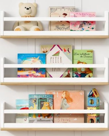 Harwaya Floating Nursery Book Shelves for Wall, 24 Inch Long Wall Bookshelf for Kids Room, White and Natural Wood Hanging Bookshelves for Baby Toddler Childrens Kids Bedroom Bathroom (Set of 3)