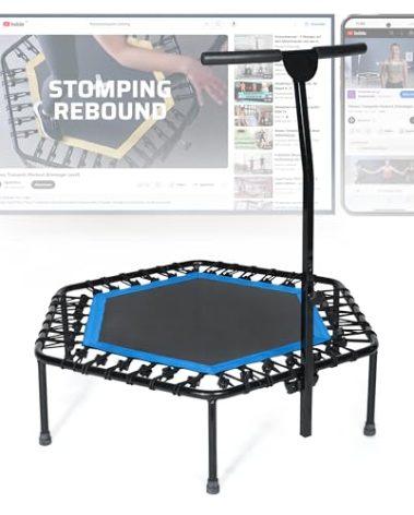 SportPlus Indoor Trampoline, Blue/Green/Red, Rebounder Home Fitness Trampoline with Height Adjustable Bar