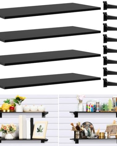 Barydat 4 Set Classic Black Slatwall Shelves with Metal Brackets, 4 Shelf Slatwall Organizer, Heavy Duty Slatwall Accessories for Garage Retail Display