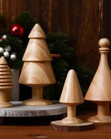 Quzzil 4 Pack Wooden Christmas Tree Vintage Mini Farmhouse Wood Miniature Trees Handmade Christmas Rustic Tree Figurine Set 3.9/6.7 Inch Christmas Trees Tabletop Ornament for Table Decoration