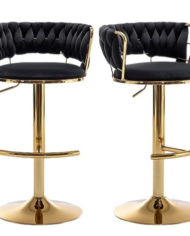 Riknuxi Velvet Bar Stools Set of 2, Counter Height Barstools with Low Back, Gold Swivel Bar Stool for Kitchen Island, Pub (Black)
