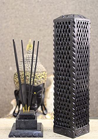 KC KULLICRAFT Handmade Marble Black Soapstone Incense Stick Burner | Candle Stick Holder | Tea Light Burner - Perfect Jaali Carving for Gifting. Decorative Home and Kitchen Decor (3 x 3 x 11 Inches).