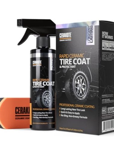 CERAKOTE Rapid Ceramic Tire Coat – Showroom New Tire Shine – Deep Tire Black Finish – Lasts Up to 10x Longer – No Sling, Non-Greasy Ceramic Tire Coating for Car, Truck & SUV – Easy Application (10oz)
