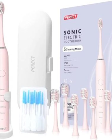 PERECT Ultrasonic Electric Toothbrush with 6 Brush Heads, 5 Modes Electric Toothbrush, Travel Rechargeable Power Toothbrush for Adults with Smart Timer &Travel Case & Soft Picks, IPX7 Waterproof, Pink