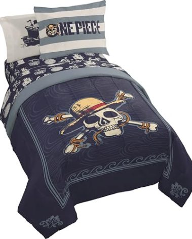 Jay Franco One Piece Full Size Comforter Set - 7 Piece Blue Bedding Includes Sheet Set & Pillow Covers - Super Soft Anime Bedding with Skull and Bones