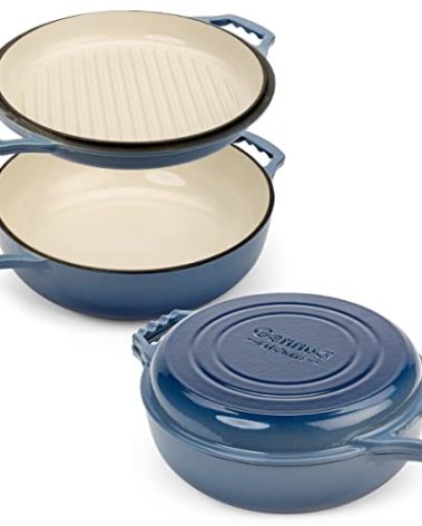 2-in-1 Enameled Cast Iron Braiser Pan with Grill Lid - 3.3-Quart Small Dutch Oven, Serves as Both Casserole & Stovetop Grill Pan, Cast Iron Cookware