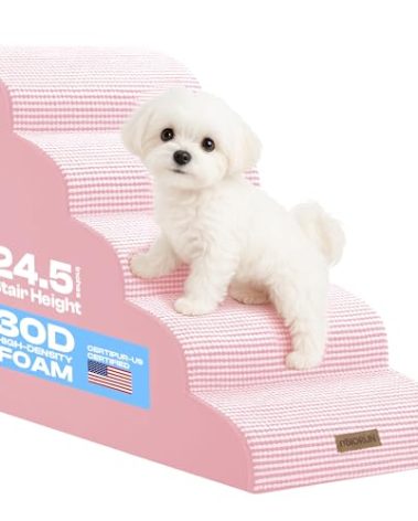 Curved Dog Stairs for High Bed Up to 26", 5-Step Dog Ramp for Small Dogs with Washable Cover, Non-Slip Steps for Cats to Get on Couch and Sofa, Durable Foam Ladder for Medium Breeds, White Pink