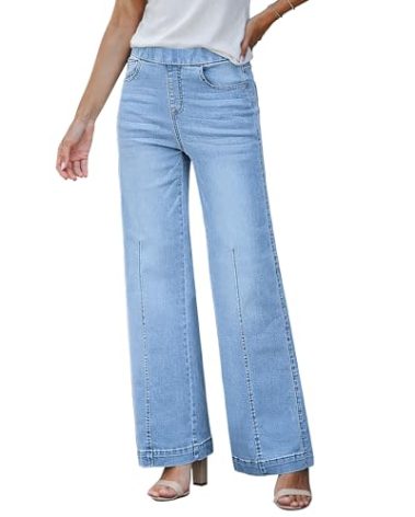 GRAPENT Pull On Womens Jeans Baggy Stretchy High Waisted Denim Wide Leg Trouser Pants Trendy Front Seam 90s Loose Jean Lakeside Blue Size X-Small