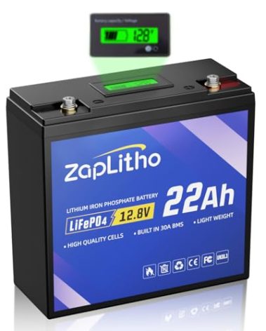 ZapLitho Upgraded 12V 22Ah Lithium Battery LiFePO4, LCD Voltage Diaplay & 30A BMS, Deep Cycle Grade A Cells, Lightweight Lithium Iron Phosphate Battery for Fishfinder, Ham Radio, Camp, Solar, Off Grid