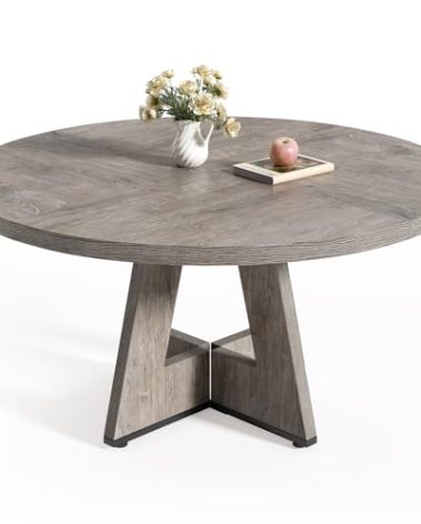 LITTLE TREE Round Dining Table for 4-6 People, 47 Inches Dining Room Table with Wooden Pedestal Base, Grey Dinner Tables, Circle Kitchen Tables for Dining Room, Kitchen, Living Room(Table Only)