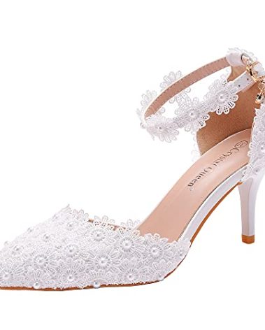 Crystal Queen Women High Heels Sandals White Lace Pearls Wedding Shoes Pointed Toe Bridal Shoes PLX07WL -40