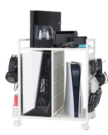 PLKOW Video Game Storage Rack, Game Storage Organizer for Consoles, Controllers, Headphones PS5 PS4 Xbox Switch Nintendo Accessories, Rolling Console Stand, Perfect Holiday Present, White