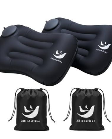 3BirdsHike 2 Pack Inflatable Camping Pillow – Ultralight Travel & Beach Air Pillow for Neck & Lumbar Support, Press-to-Inflate Design, Compact for Hiking, Backpacking & Outdoor Adventures – Black