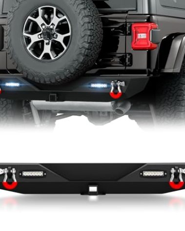 SOENBOO Rear Bumper Compatible with 2018 2019 2020 2021 2022 2023 2024 2025 2026 Wrangler JL JLU Unlimited (2/4 Doors) Off-Road Bumper with 2" Standard Hitch Receiver, 18W LED Lights, D-Rings, Black