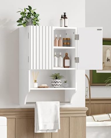 Zeibospri 3-Tier Fluted Bathroom Wall Cabinet with Towel Bar, 2 Doors Small Hanging Medicine Cabinet with Adjustable Shelf, Over The Toilet Storage Organizer, for Laundry Room, Kitchen, White