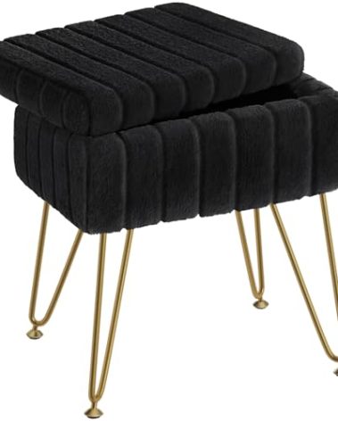 Greenstell Vanity Stool Chair Faux Fur with Storage, 15.7"L x 11.8"W x 19.4"H Soft Ottoman 4 Metal Legs with Anti-Slip Feet, Furry Padded Seat, Modern Multifunctional Chairs for Makeup, Bedroom Black