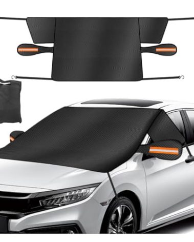Car Windshield Ice Snow Cover with Magnetic Edges, Heavy Duty Oxford Fabric Windscreen Protector Cover with Side Mirror Covers, Winter Waterproof Frost Cover for Car Truck SUV RV (Orange)