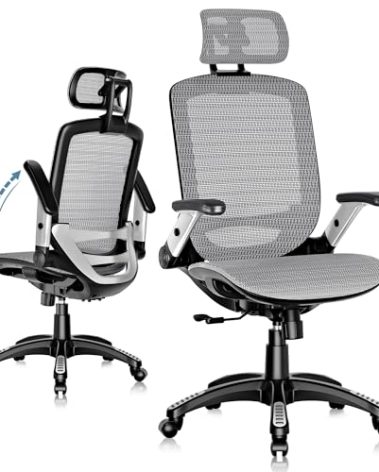 GABRYLLY Ergonomic Office Chair, High Back Home Desk Chair with Headrest, Flip-Up Arms, 90-120° Tilt Lock and Wide Cushion, Big and Tall Mesh Chairs for Man Woman, Grey Task Chair