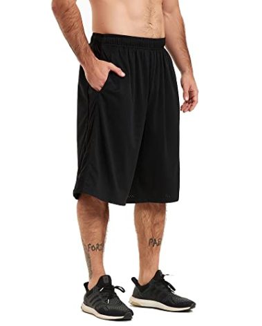 HQUEC Men's 12" Basketball Shorts Long Athletic Workout Gym Mesh Shorts Below Knee Loose-Fit with Pockets Black 3XL