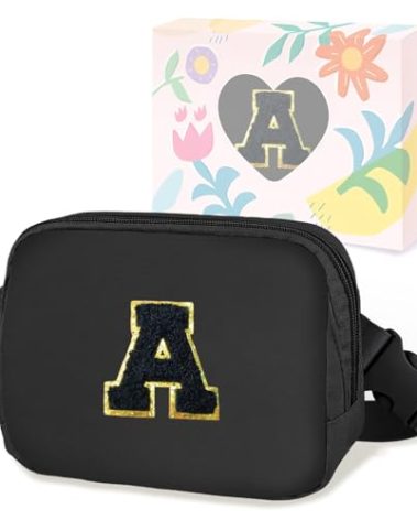 COSHAYSOO Easter Birthday Initial Gifts for Teen Boys 5 6 7 8 9 10 11 12 13 14 Year Old Black Fanny Pack for Women Belt Bag Crossbody Travel Purse Monogrammed Unique Trendy Stuff Chenille Letter A