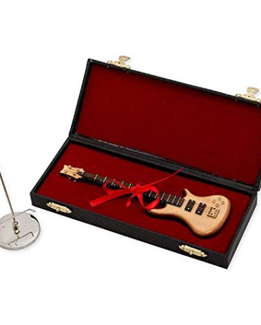 Broadway Gift Natural Wood Bass Electric Guitar with Case and Stand Replica Figurine 7 Inch
