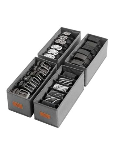 Meunmro 4 PCS Belt Organizer for Closet, 6 Grids Belt Holder, Washable Belt Box, Foldable Tie Organizer for Men, Belt Storage for Drawer (Grey, 13.38inch)